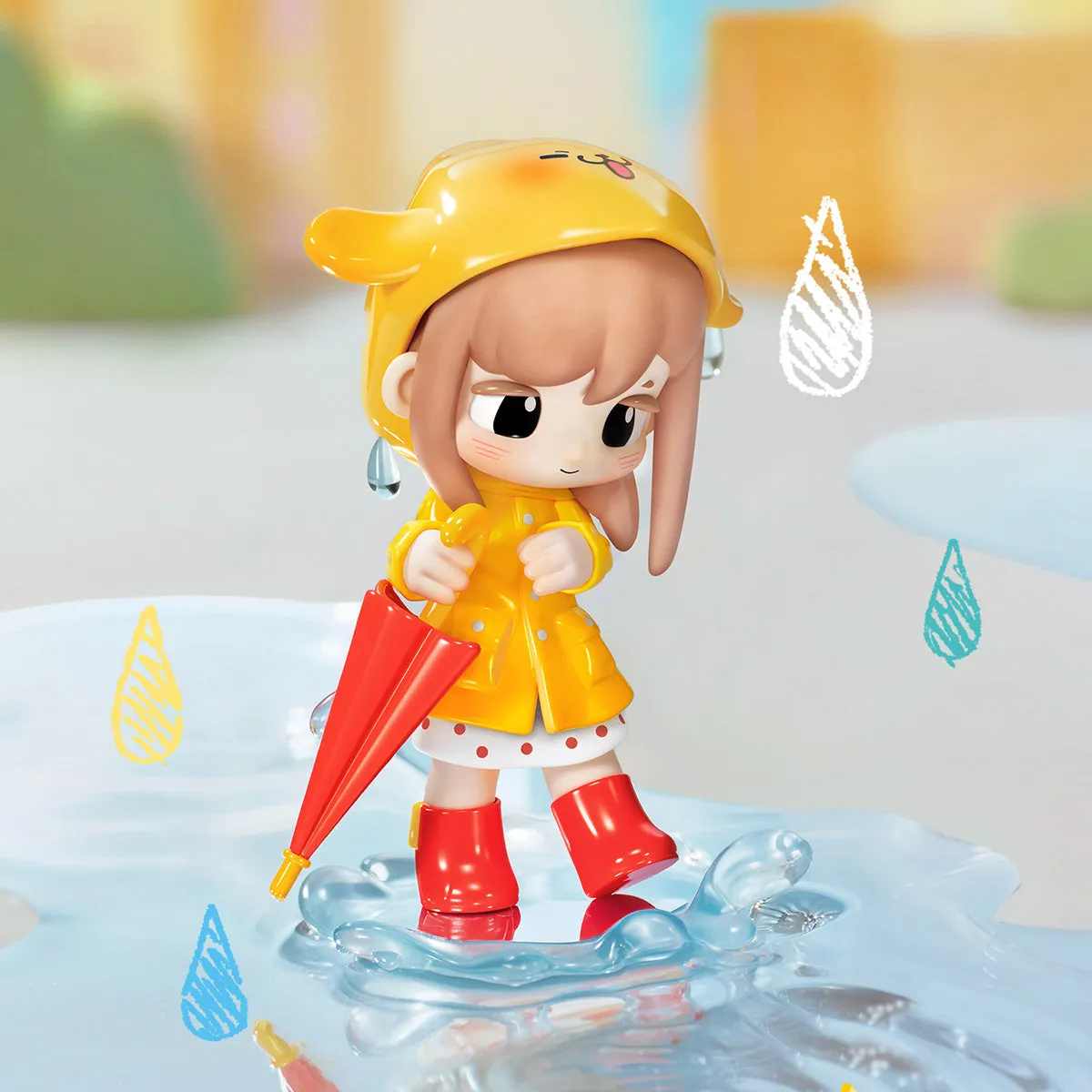 Yozco Mood Diary Puddle Jump figure in a yellow raincoat holding a red umbrella