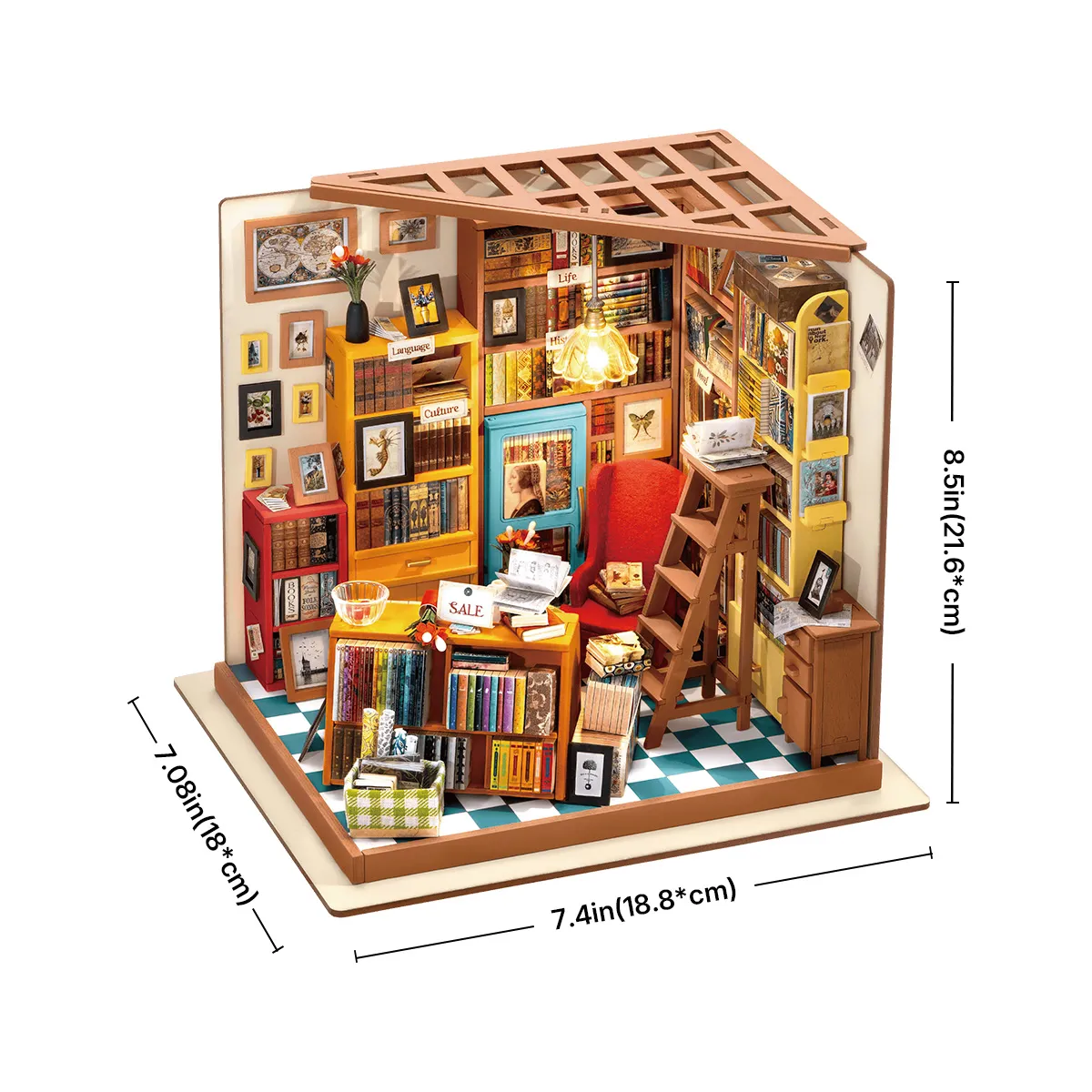 Rolife DIY Miniature Dollhouse- Sam's Study DG102 kit parts layout graphic