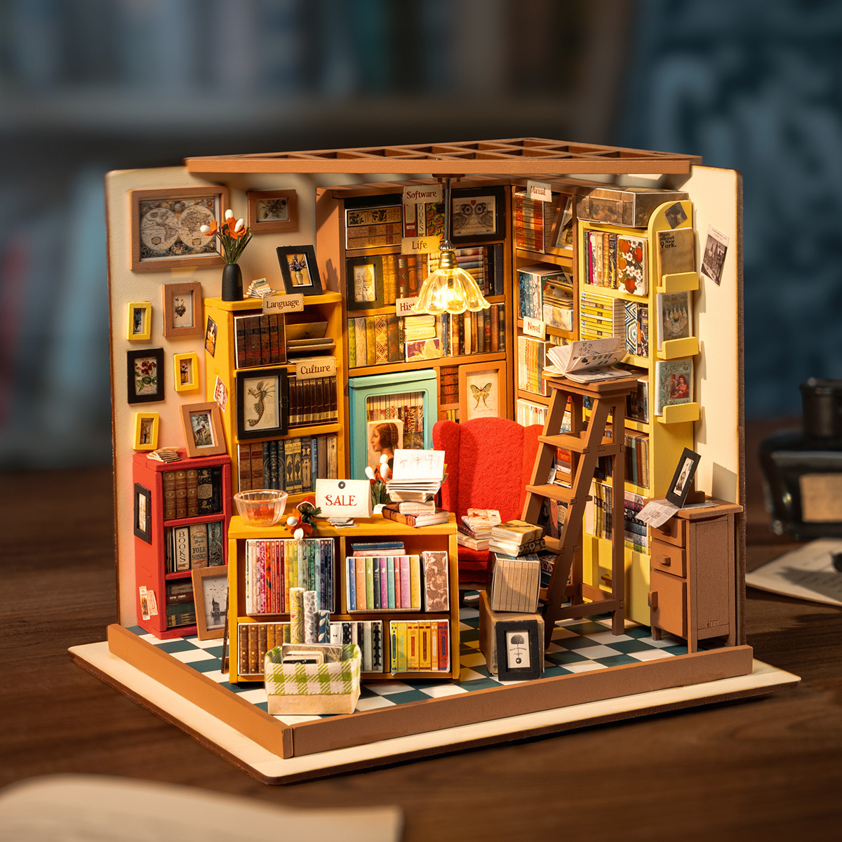 Rolife DIY Miniature Dollhouse- Sam's Study DG102 size graphic with 7.4 x 8.8 x 8.7 in dimensions shown