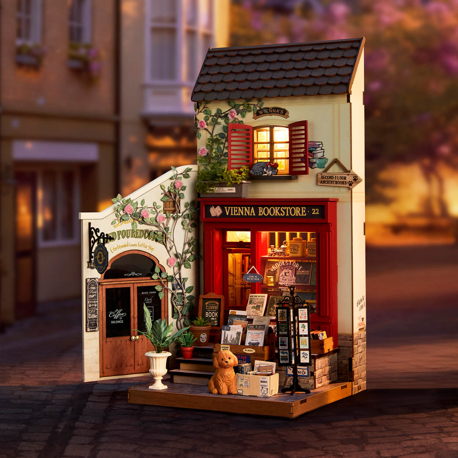 Rolife Vienna Bookstore DG183 miniature bookstore in a warm night display scene