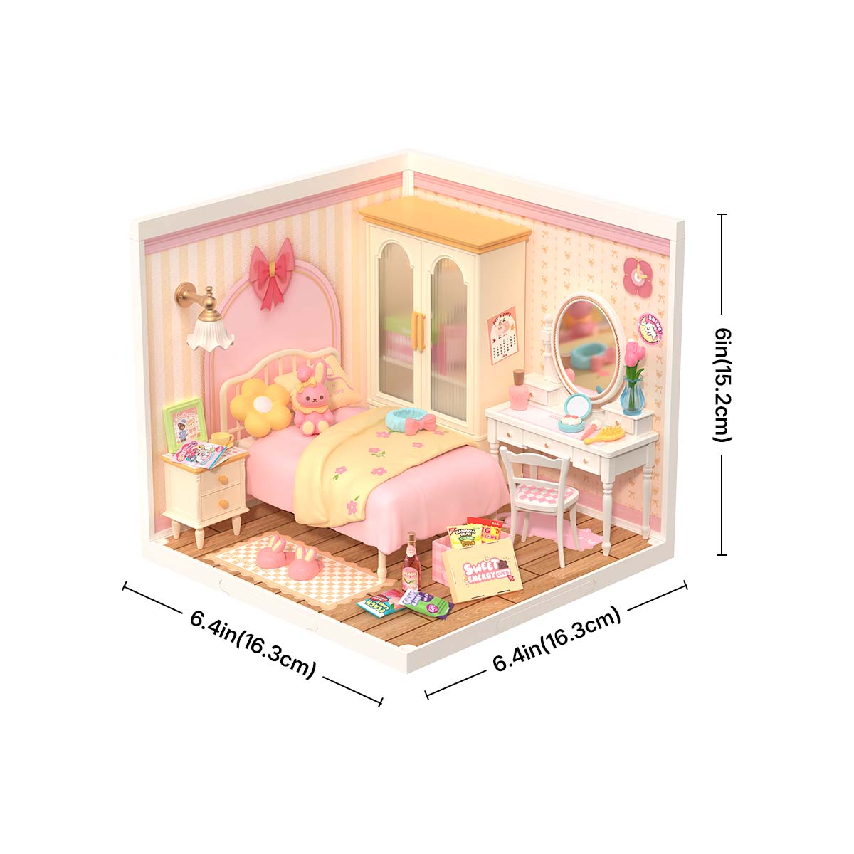 Lovely Pink Bedroom DW016 size graphic, 16.3 x 16.3 x 15.2 cm miniature room