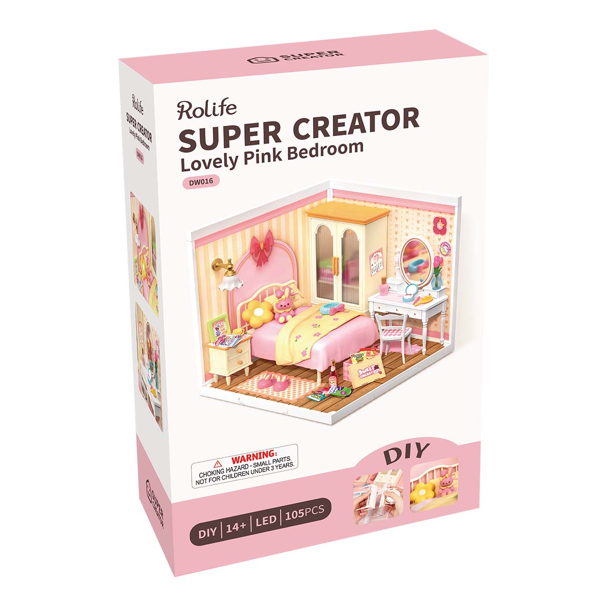 Rolife Lovely Pink Bedroom DW016 product package on white background