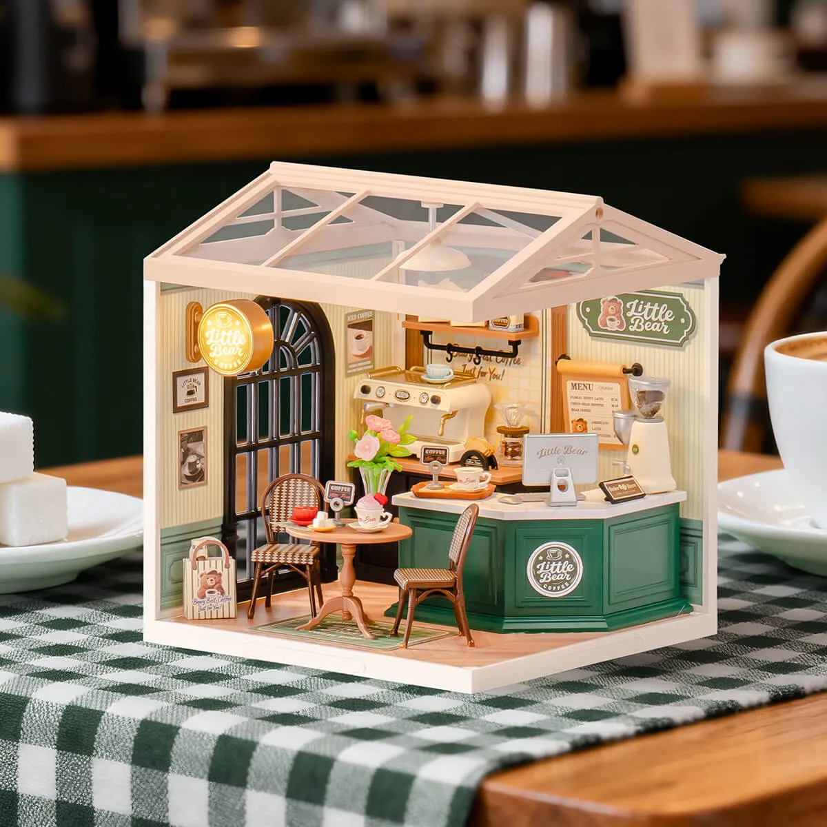 Perfect Romance Cafe DW028 tabletop scene with chairs, flowers, and coffee counter