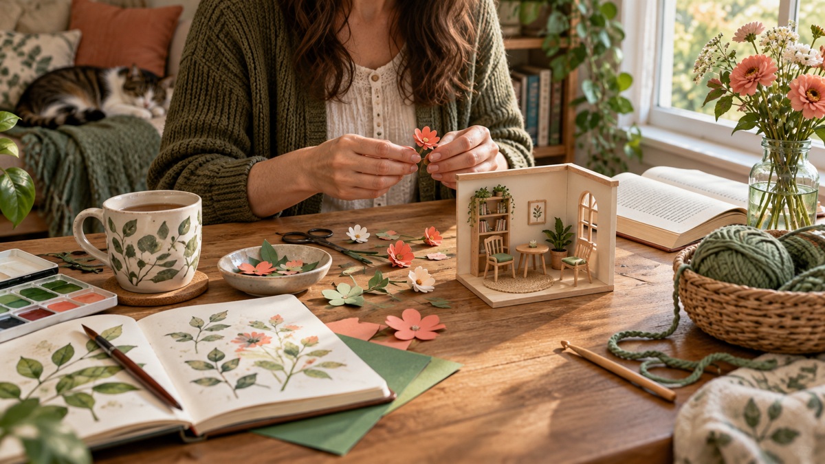Illustrative home hobby scene with miniature making, crochet, reading, and watercolor painting