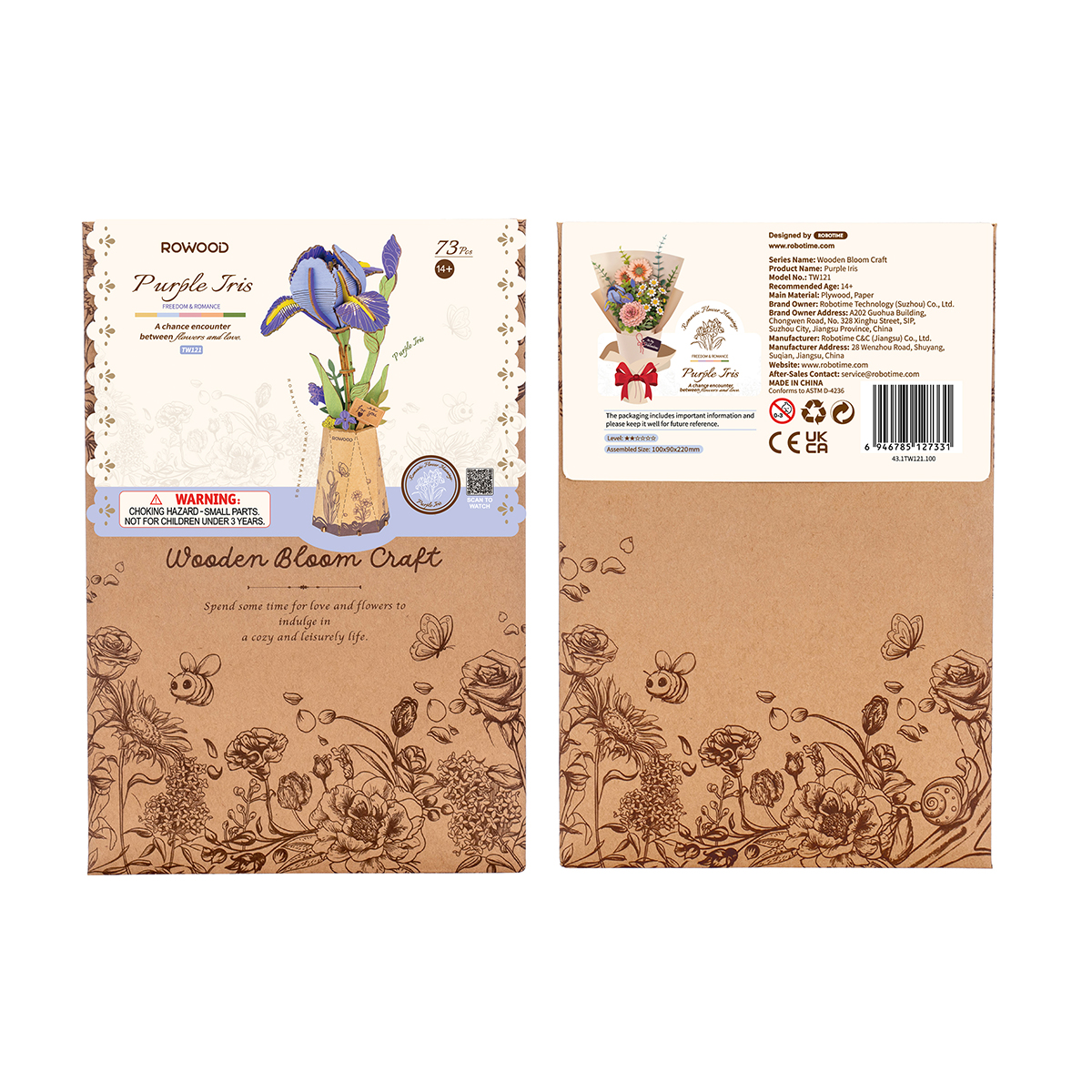 Rowood Purple Iris TW121 product package with completed wooden flower
