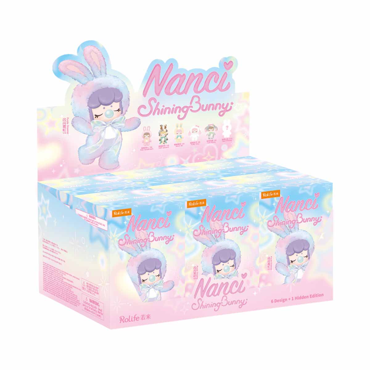 Nanci's Shining Bunny MNBXX blind box display with the full plush doll lineup