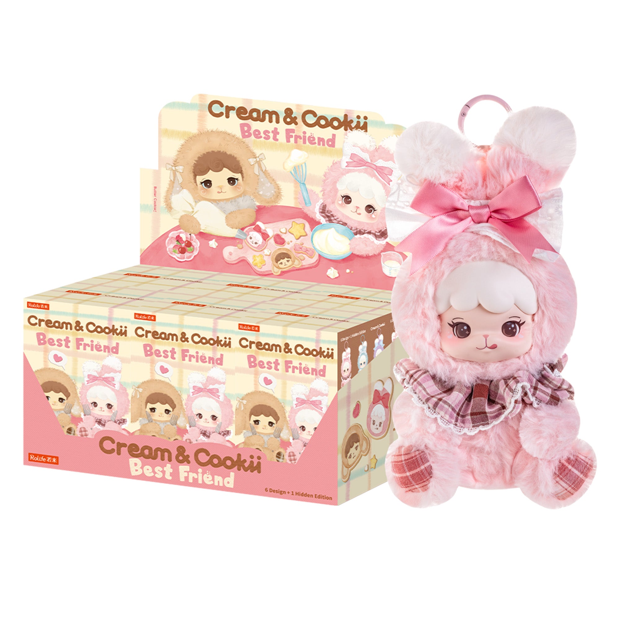 Rolife Cream and Cookii Bunny Best Friend series blind box display with featured plush pendant