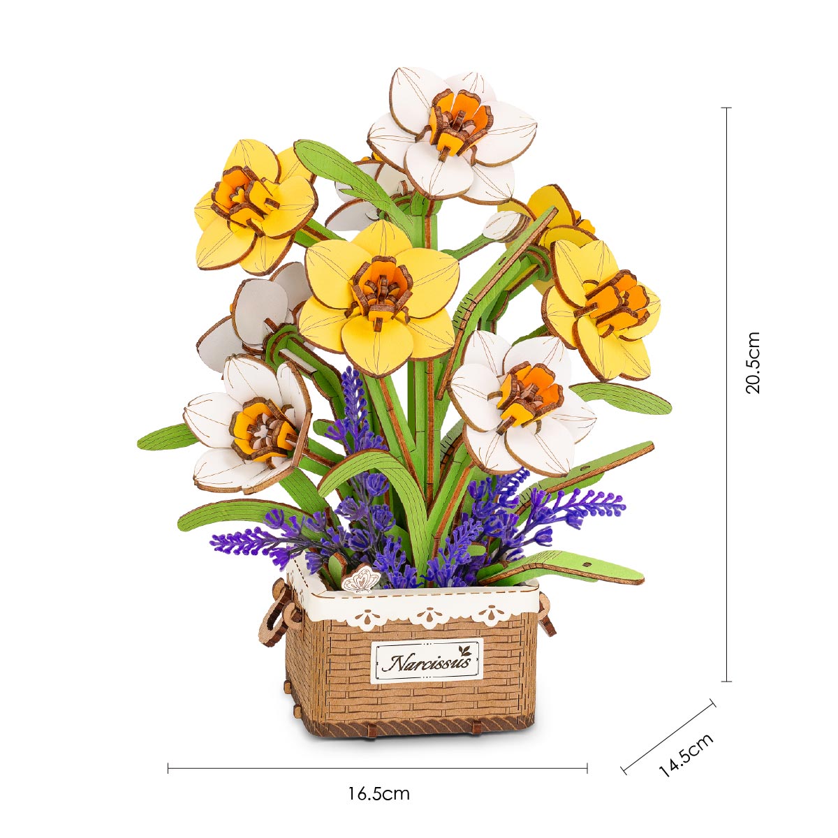 Narcissus TF002 size graphic, 16.5x14.5x20.5cm finished wooden flower bouquet
