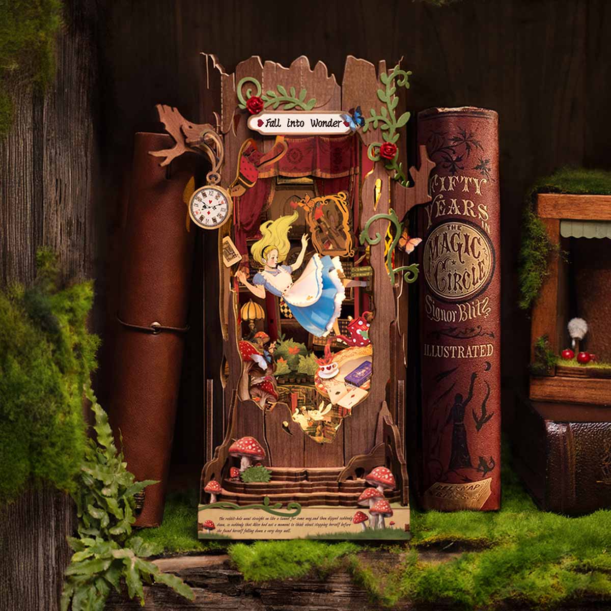 Fall into Wonder TGB12 display scene beside vintage books in warm light