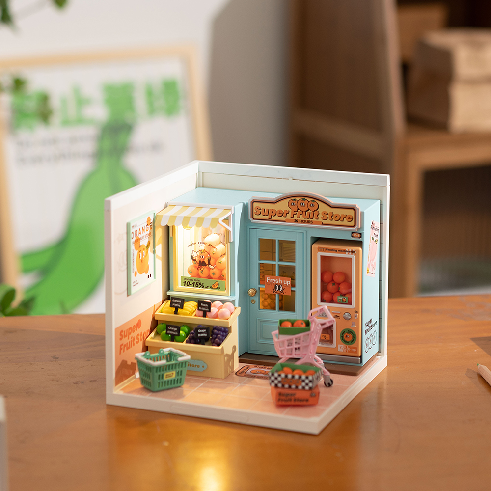 Rolife Super Fruit Store Super Creator Miniature House DW003 illuminated storefront scene from an alternate angle