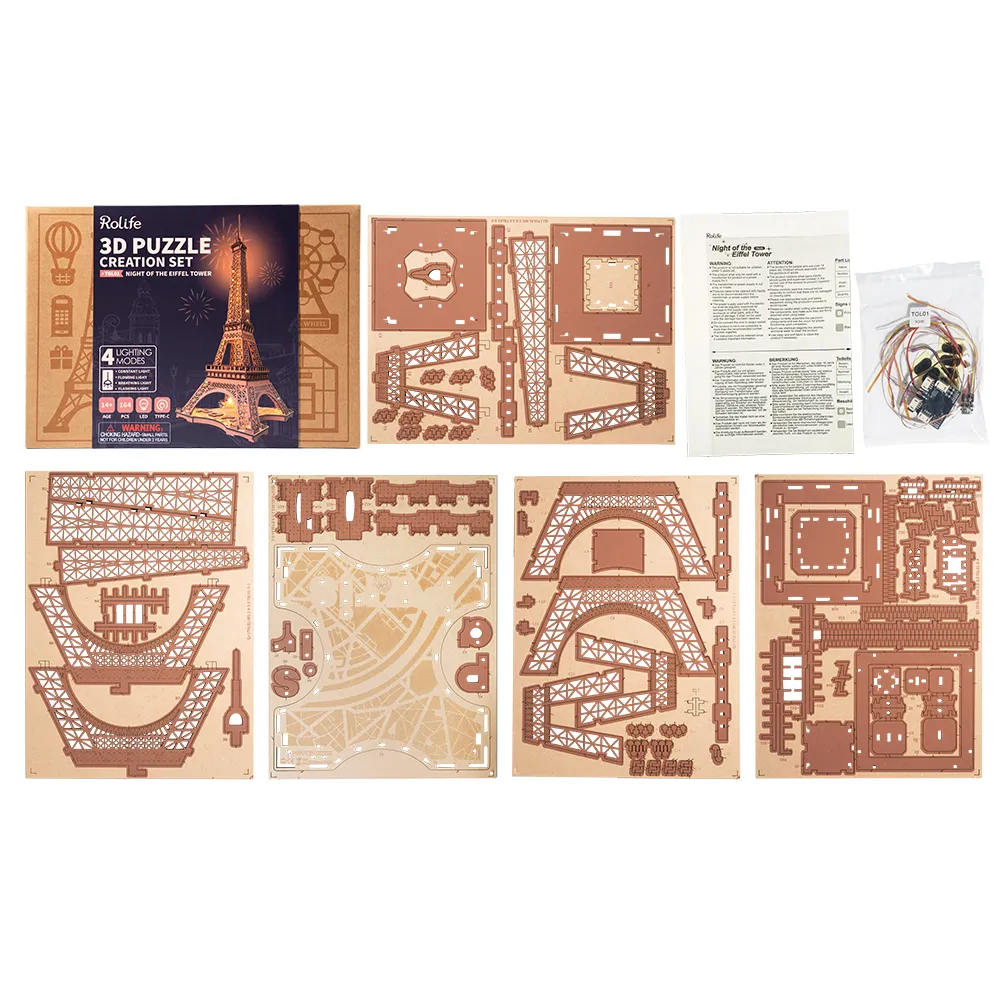 Rolife 3D Wooden Puzzle - Night of the Eiffel Tower TGL01 kit parts layout graphic