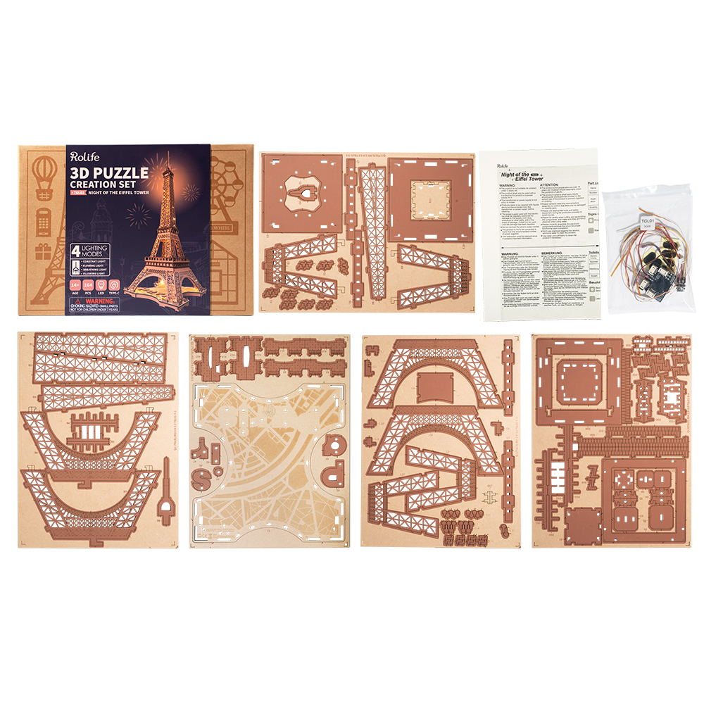 Rolife 3D Wooden Puzzle - Night of the Eiffel Tower TGL01 kit parts layout graphic