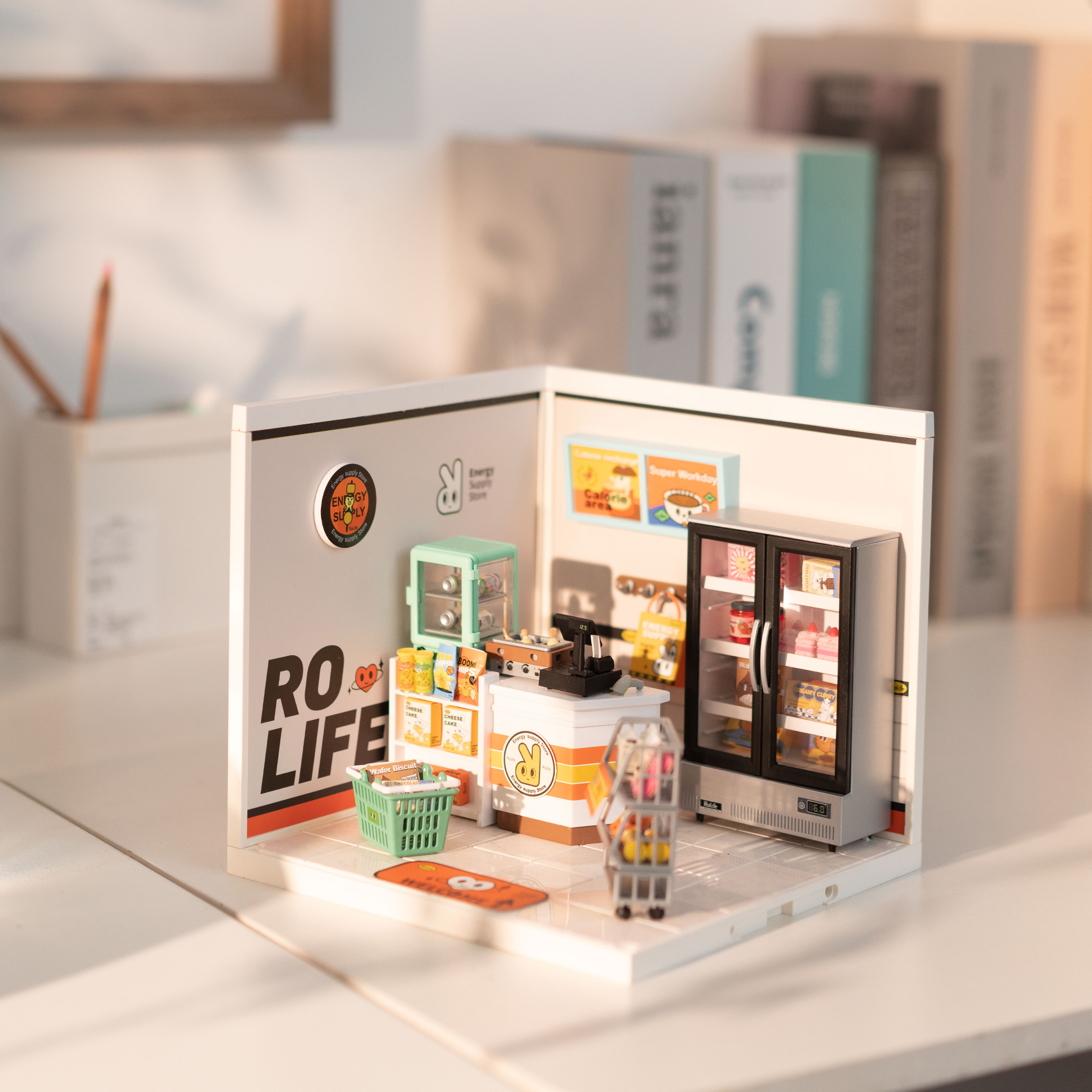 Rolife Energy Supply Store Super Creator Miniature House DW002 tabletop display scene from alternate angle