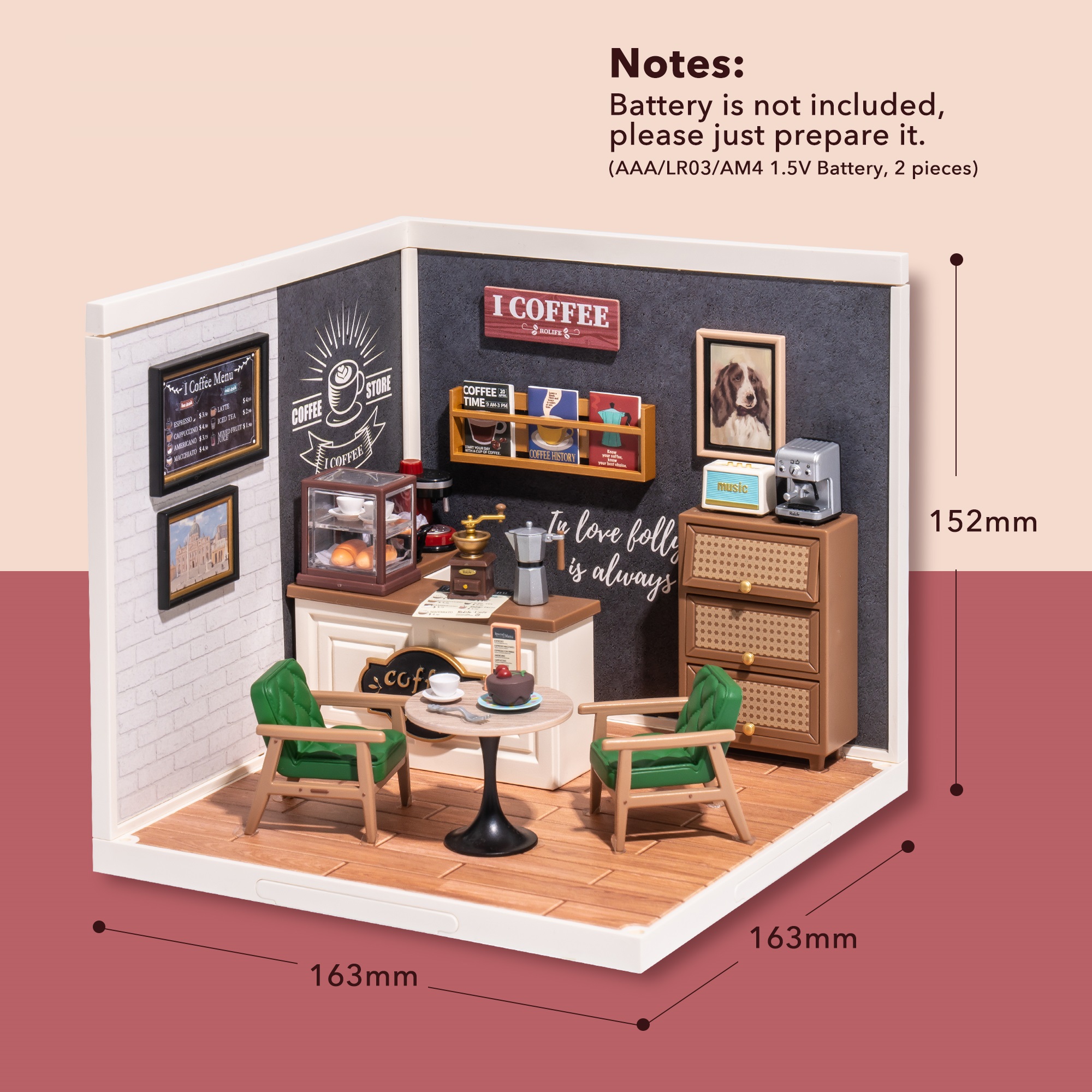 Rolife Daily Inspiration Cafe Super Creator Miniature House DW001B size graphic with 6.4 x 6.4 x 6 in dimensions shown