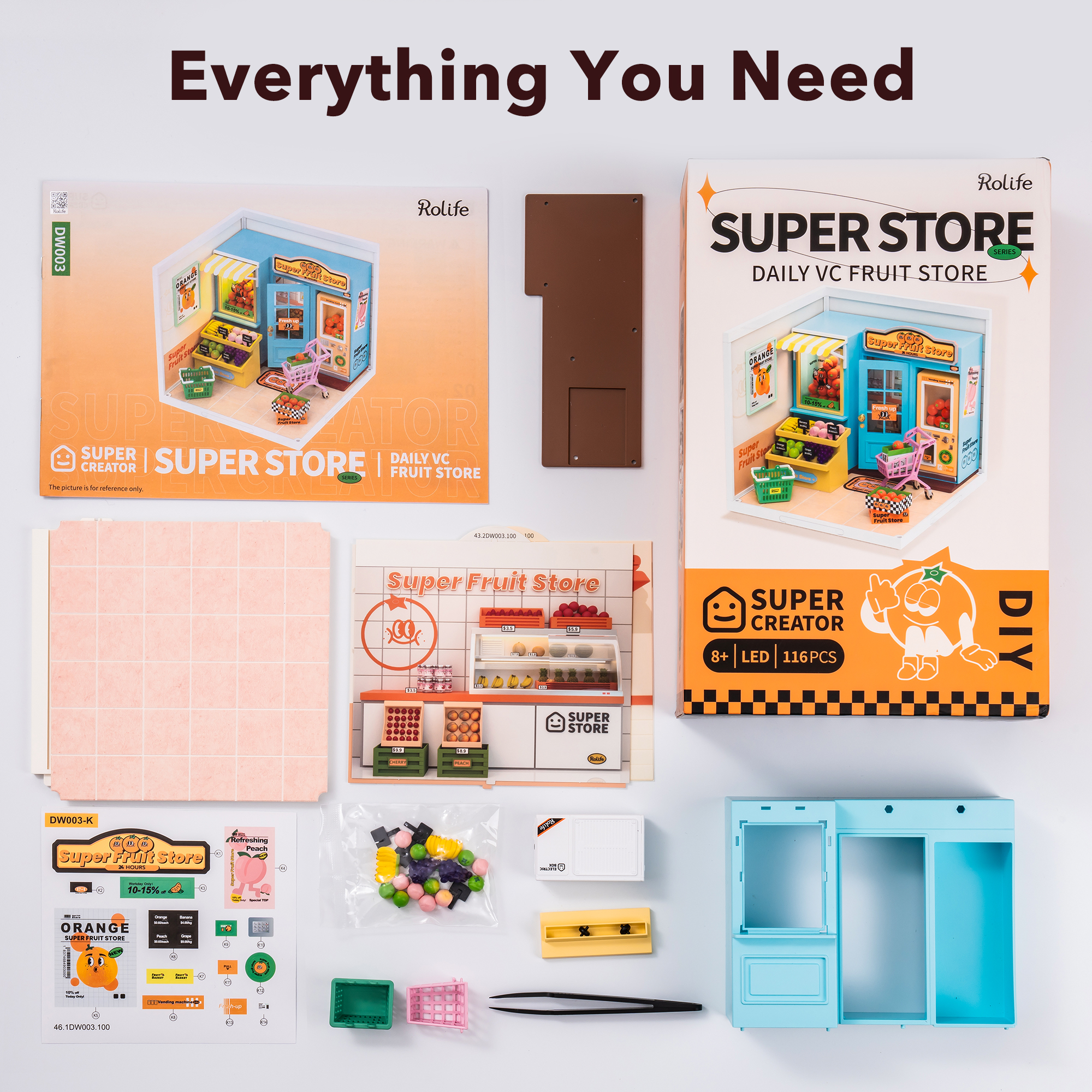 Rolife Super Fruit Store Super Creator Miniature House DW003 included parts and accessory layout graphic