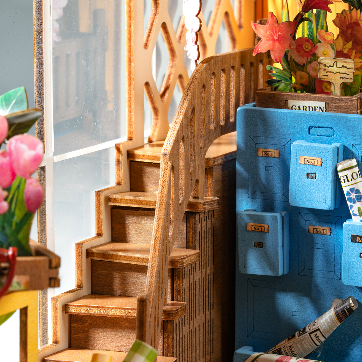 Rolife DIY Book Nook Kit - Holiday Garden House TGB06 staircase detail close-up