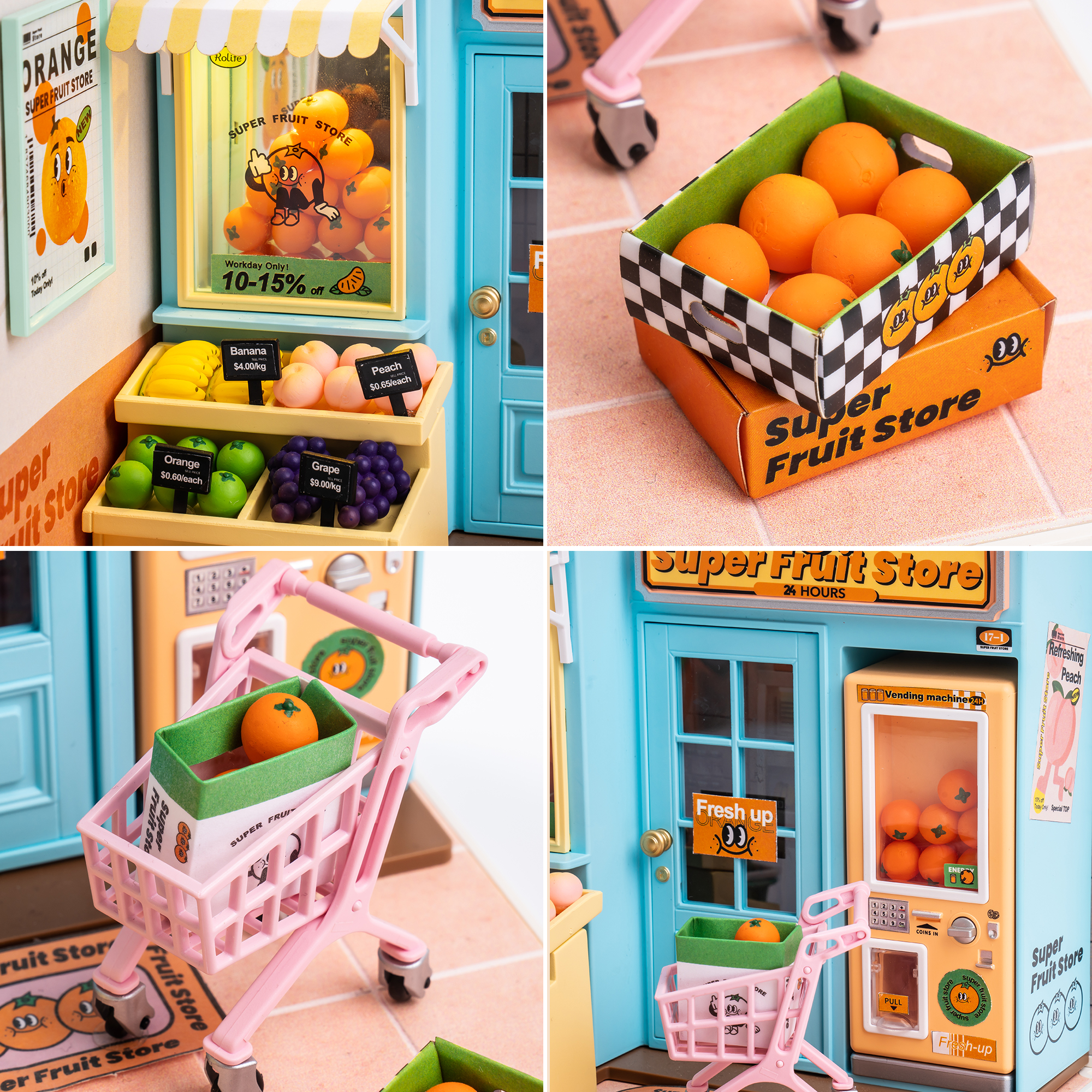 Rolife Super Fruit Store Super Creator Miniature House DW003 fruit basket and storefront detail collage