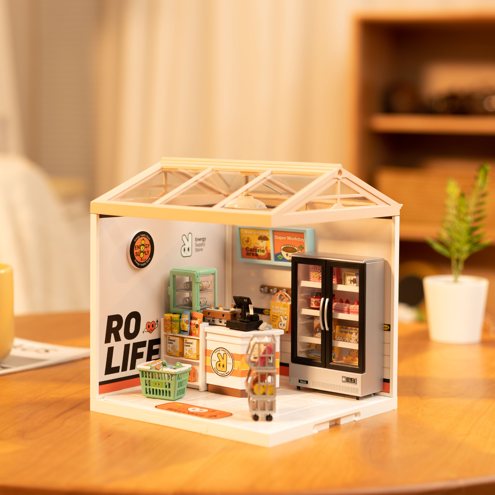 Rolife Energy Supply Store Super Creator Miniature House DW002 tabletop display scene by the window