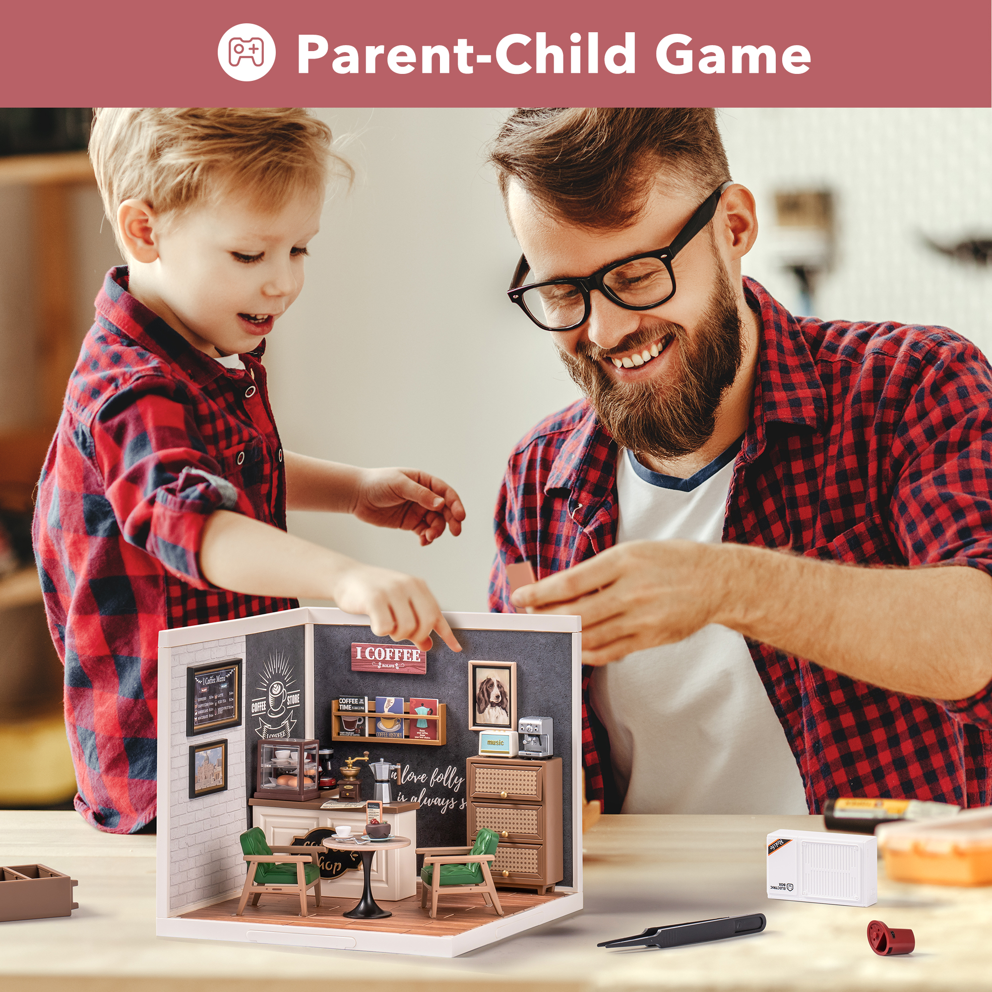 Rolife Daily Inspiration Cafe Super Creator Miniature House DW001B parent-child play scene