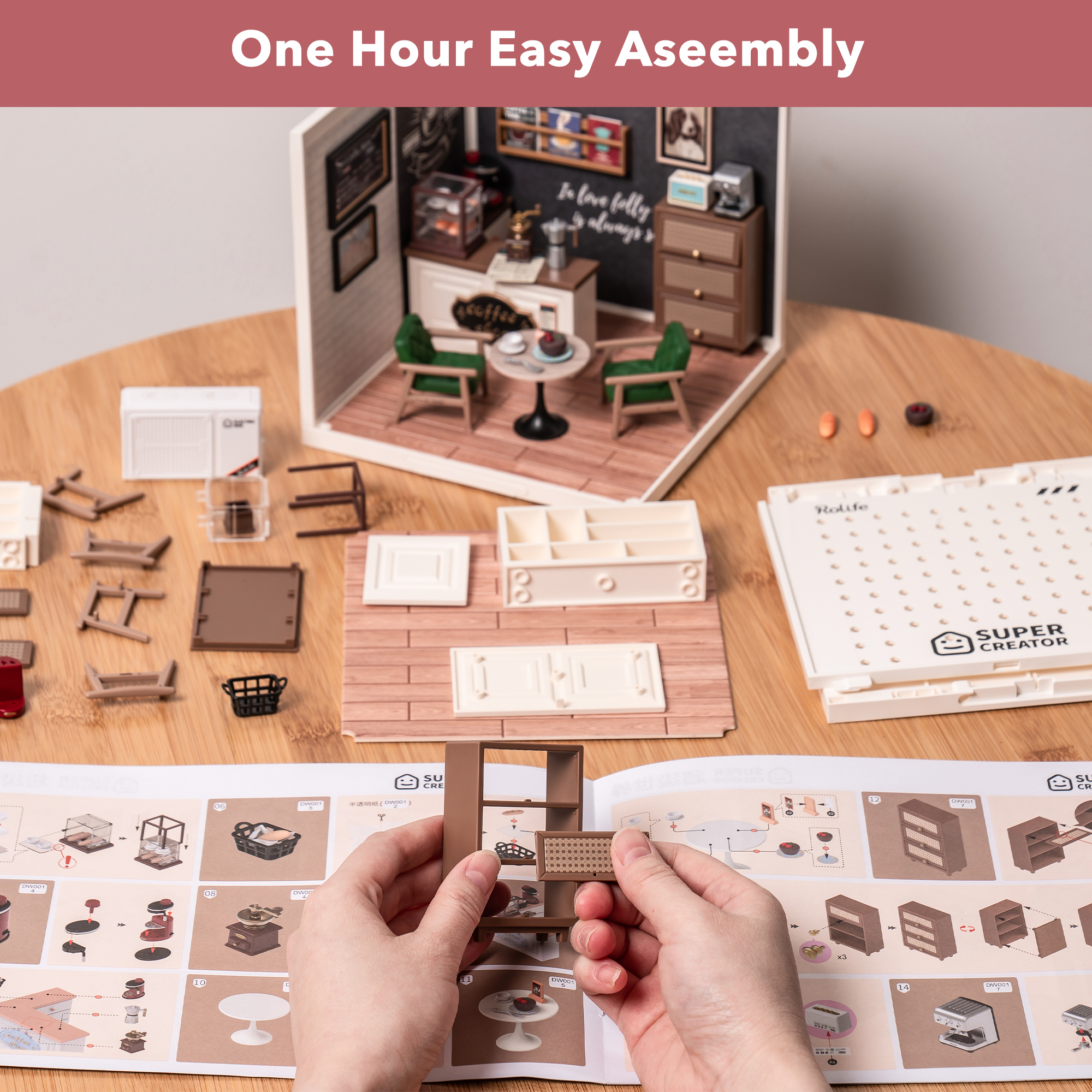 Rolife Daily Inspiration Cafe Super Creator Miniature House DW001B one hour easy assembly graphic