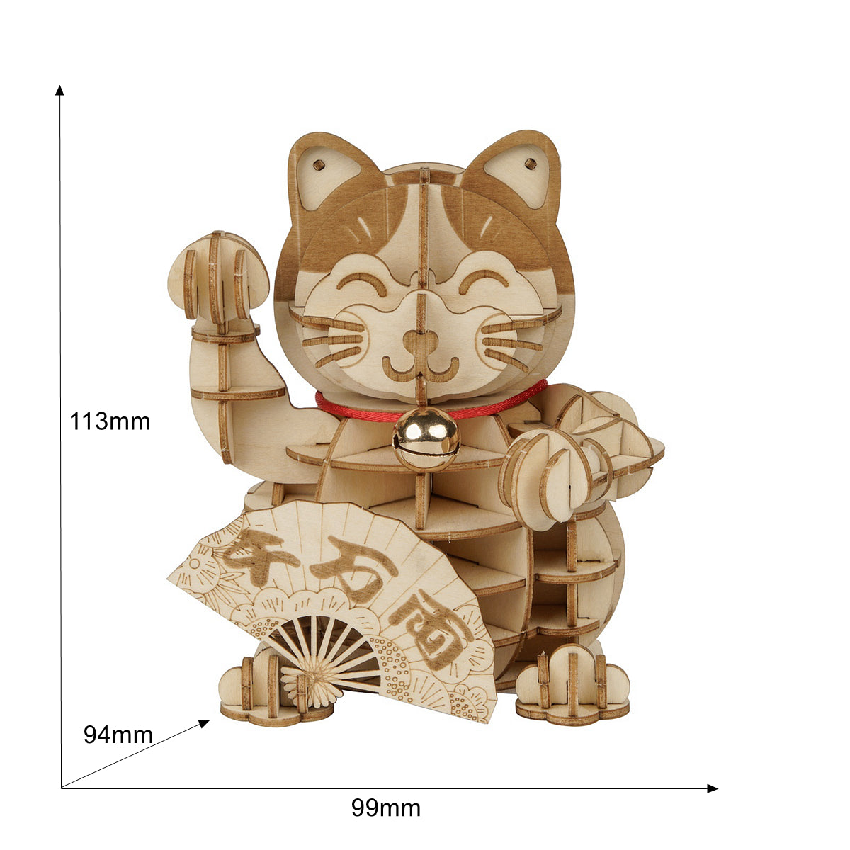 Rolife Plutus Cat size image showing 99 x 94.5 x 113.5 mm assembled dimensions
