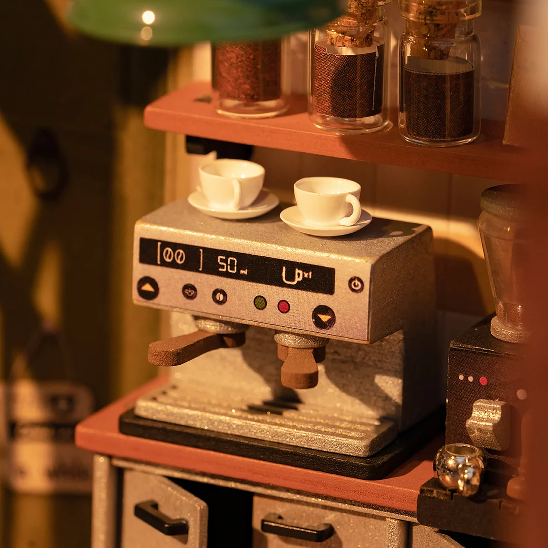 Rolife DIY Miniature House - Flavory Cafe DG162 coffee machine and counter detail close-up