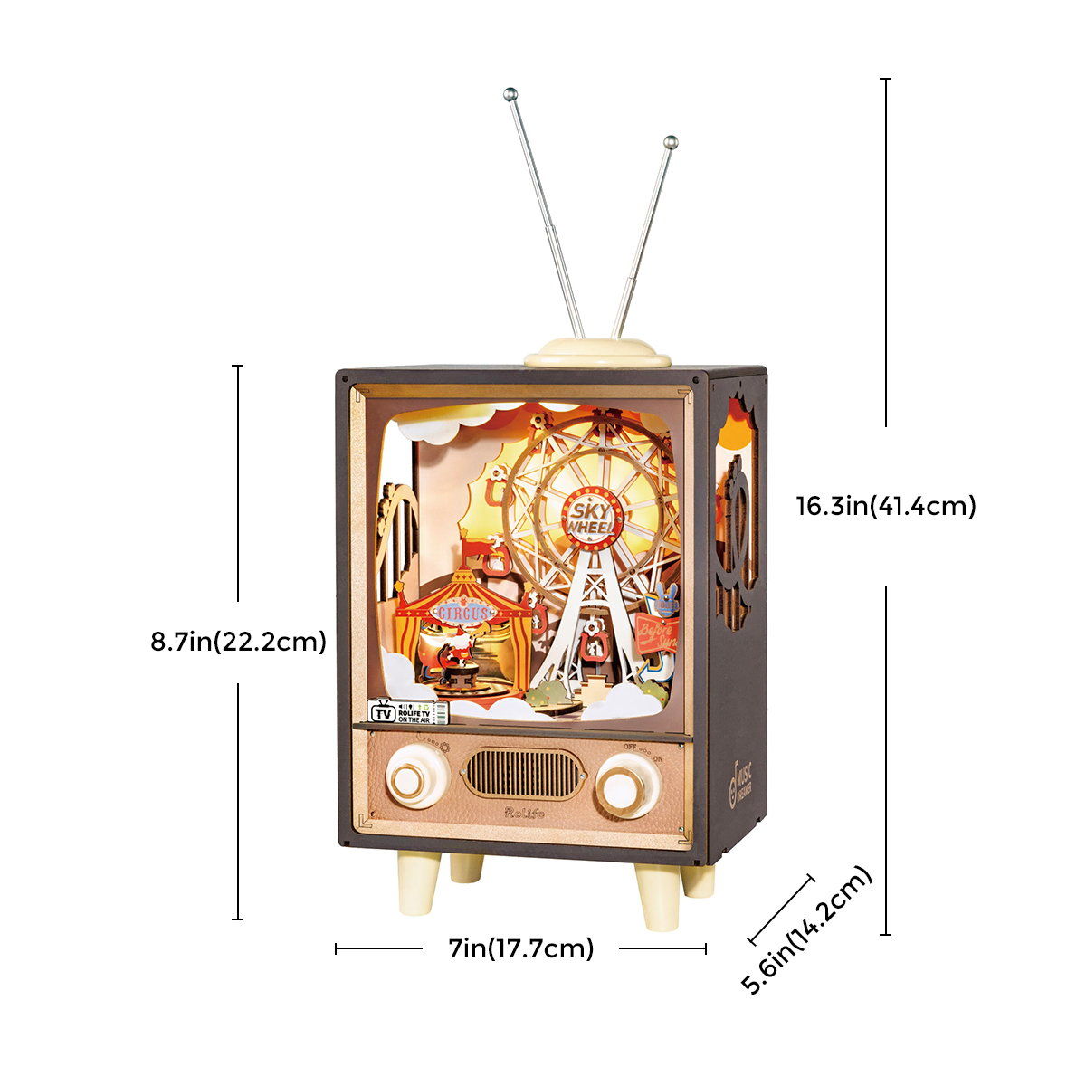 Rolife DIY Music Box Puzzle - Sunset Carnival AMT01 size graphic with 6.7 x 7.0 x 8.7 in dimensions shown