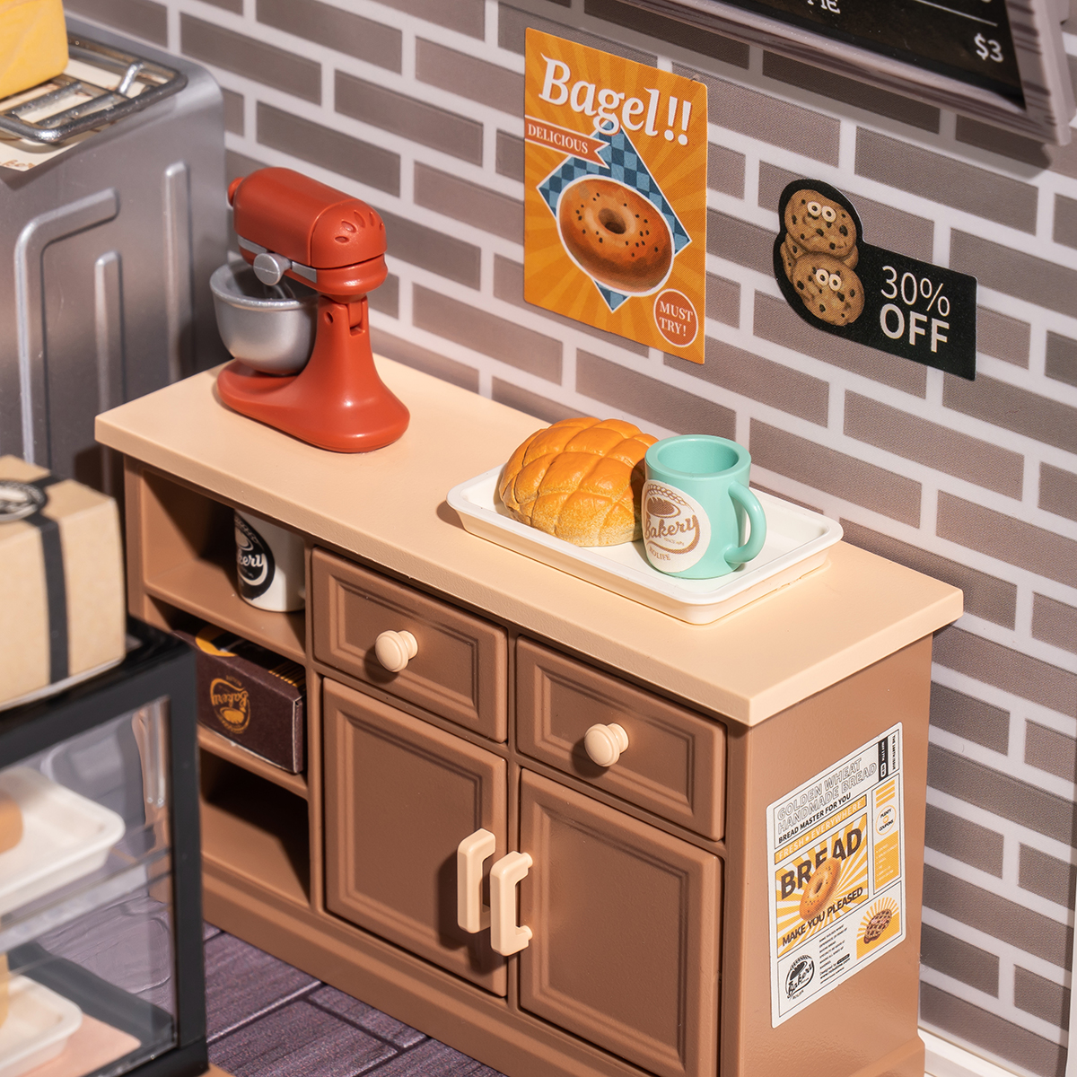 Rolife Golden Wheat Bakery Super Creator Miniature House DW005B side cabinet and mixer detail close-up