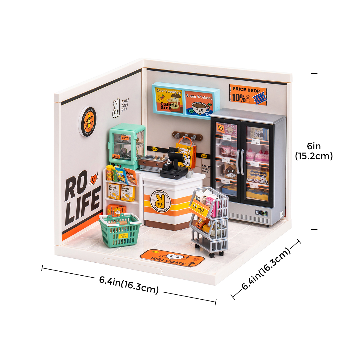Rolife Energy Supply Store Super Creator Miniature House DW002 size graphic with 6.4 x 6.4 x 6 in dimensions shown