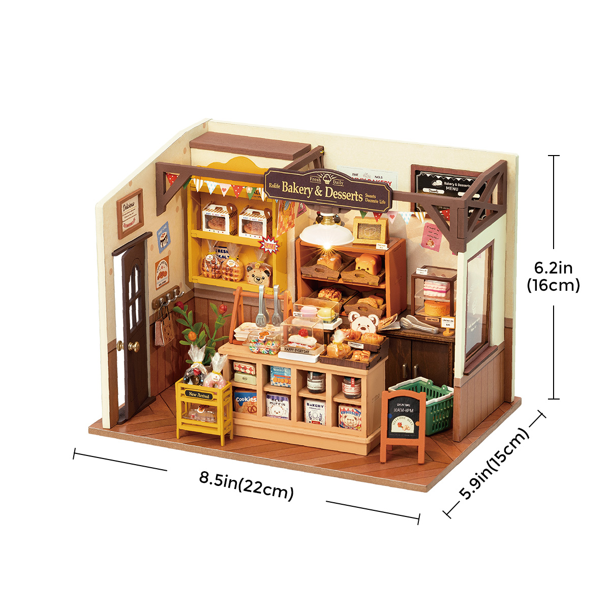 Rolife DIY Miniature House - Becka's Baking House DG161 size graphic with 8.5 x 5.9 x 6.2 in dimensions shown