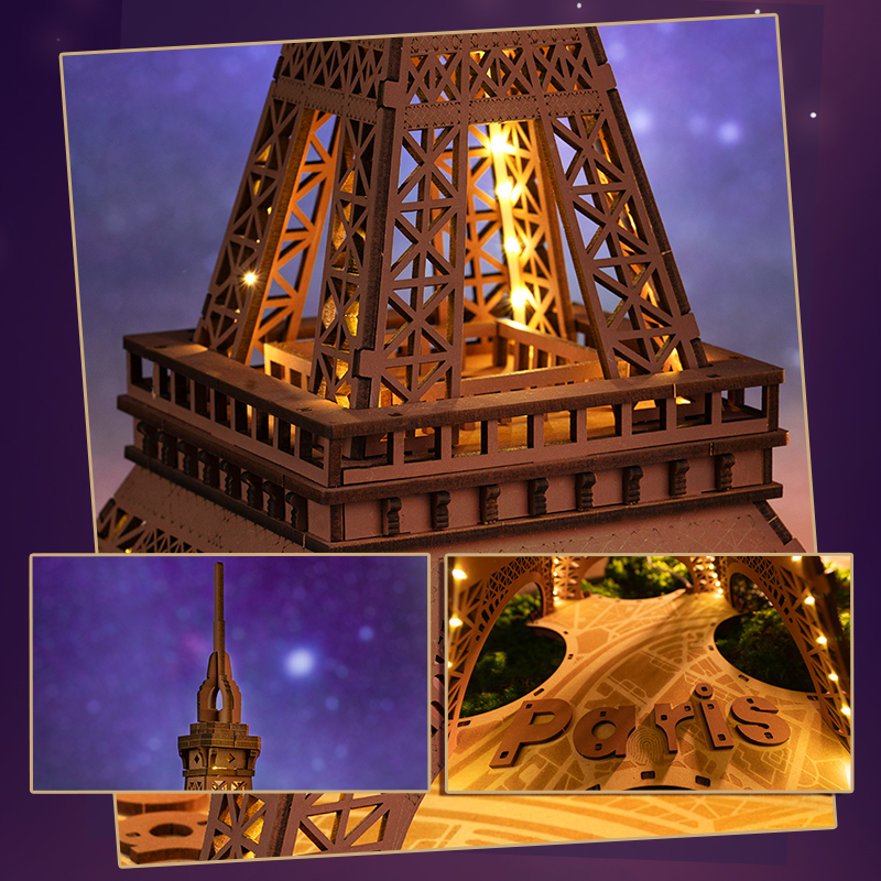 Rolife 3D Wooden Puzzle - Night of the Eiffel Tower TGL01 LED-lit Eiffel Tower detail close-up