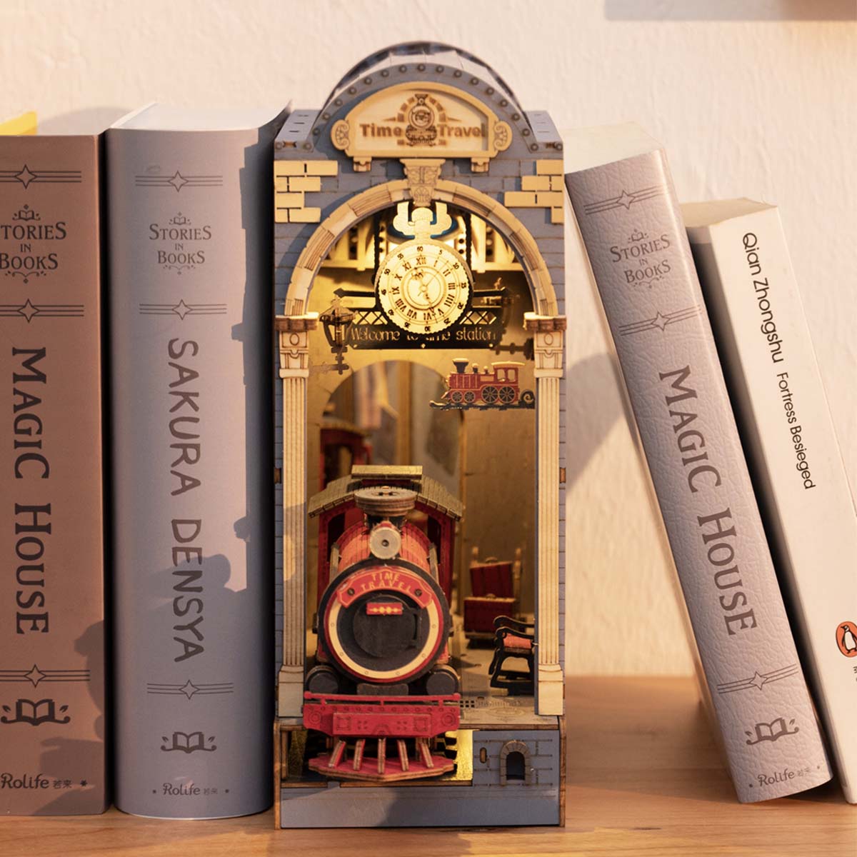 Rolife DIY Book Nook Kit Time Travel TGB04 warm bookshelf display scene