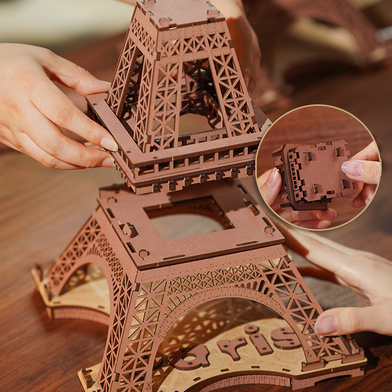 Rolife 3D Wooden Puzzle - Night of the Eiffel Tower TGL01 assembly process close-up