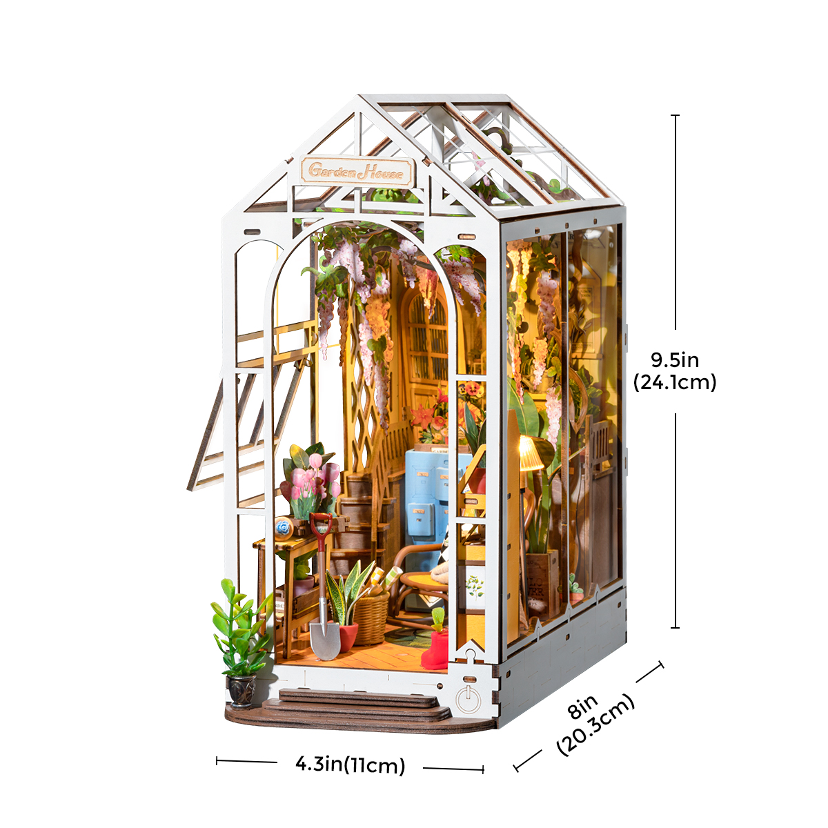 Rolife DIY Book Nook Kit - Holiday Garden House TGB06 size graphic with 5.9 x 9.1 x 9.5 in dimensions shown