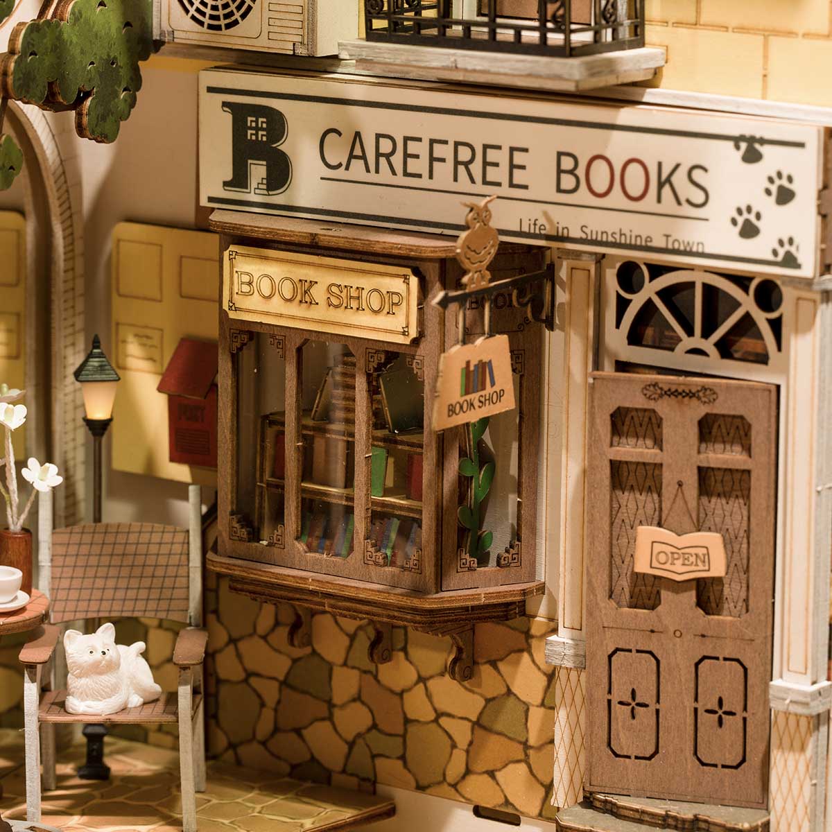 Rolife DIY Book Nook Kit Sunshine Town TGB02 Carefree Books storefront detail close-up
