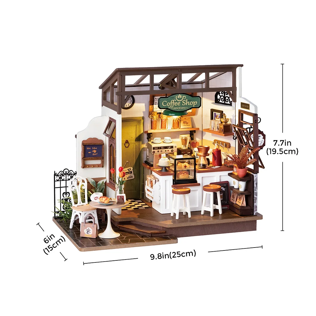 Rolife DIY Miniature House - Flavory Cafe DG162 size graphic with dimensions shown
