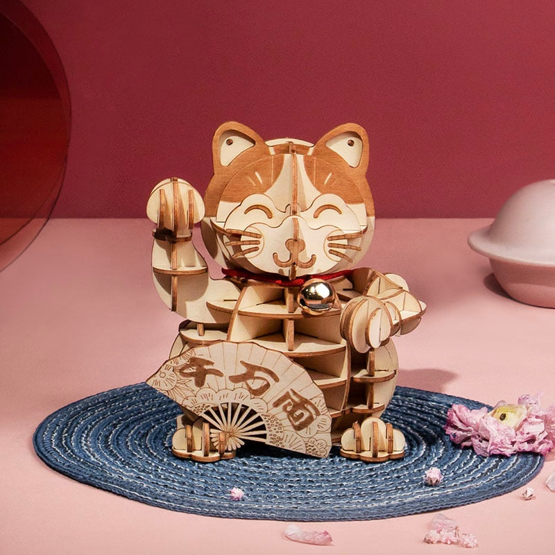 Rolife Plutus Cat TG303 wooden puzzle in a festive tabletop scene
