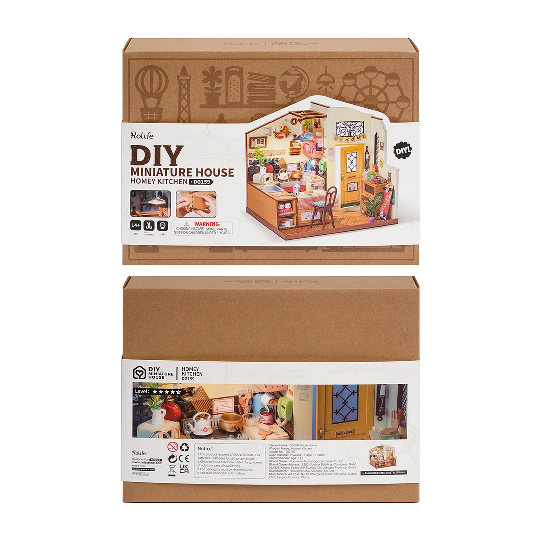Rolife DIY Miniature House - Cozy Kitchen DG159 size graphic with 8.5 x 5.8 x 6.2 in dimensions shown