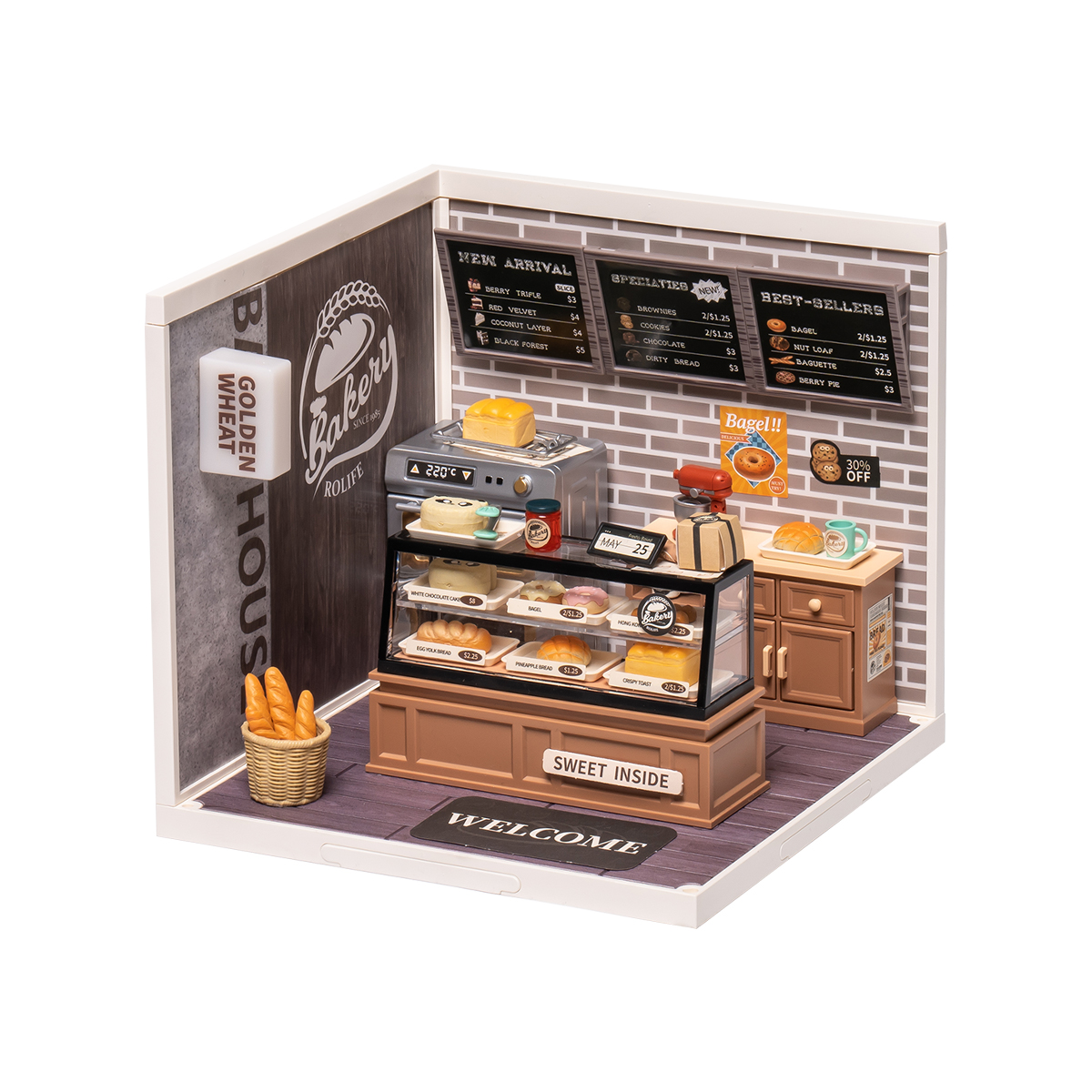 Rolife Golden Wheat Bakery Super Creator Miniature House DW005B white background product view