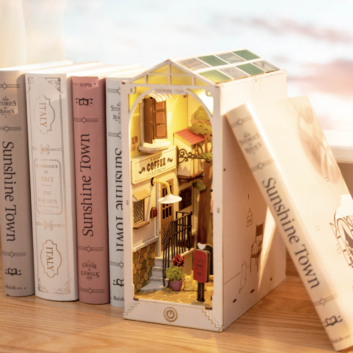 Rolife DIY Book Nook Kit Sunshine Town TGB02 angled bookshelf display scene
