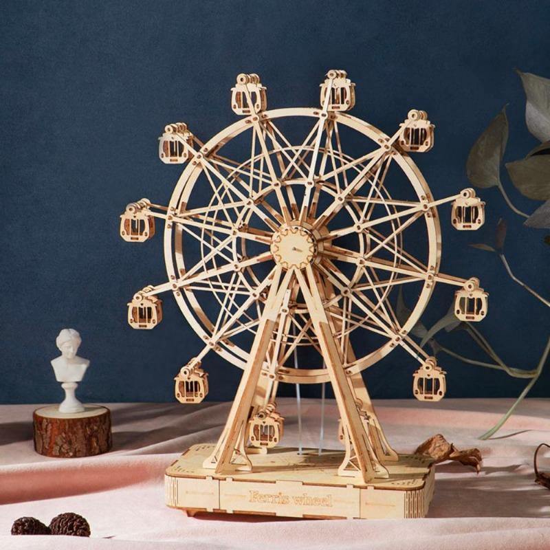 Rolife Modern Music Box - Gaint 3D Wooden Puzzle - Ferris Wheel TGN01 tabletop display scene on a blue pedestal