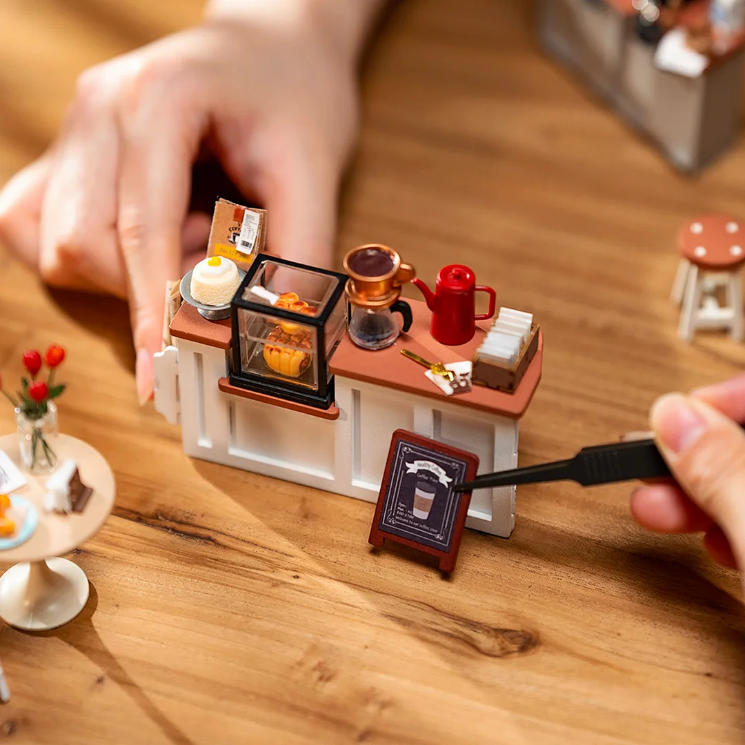 Rolife DIY Miniature House - Flavory Cafe DG162 drawer and accessories detail close-up