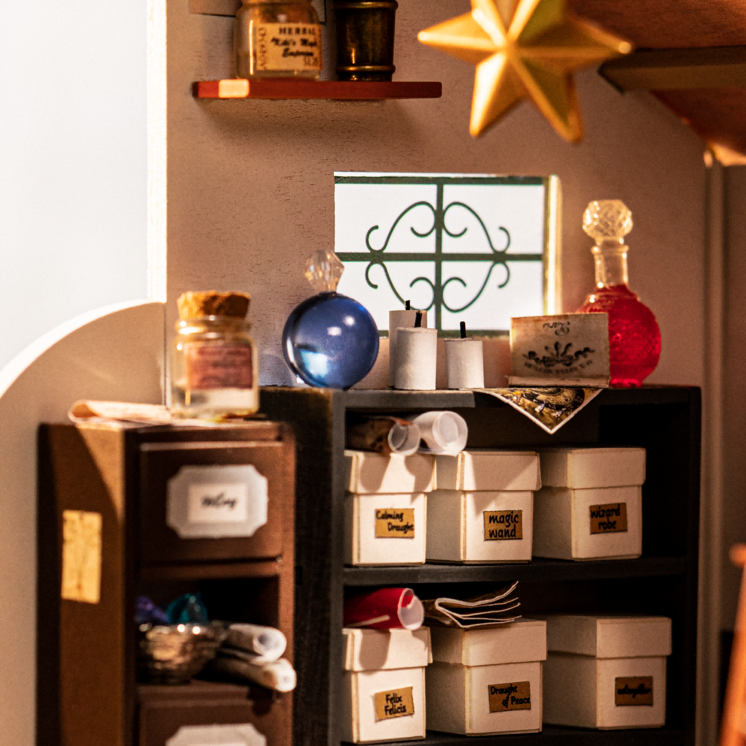 Close-up of Kiki's Magic Emporium potion shelves, labeled boxes, and star lamp