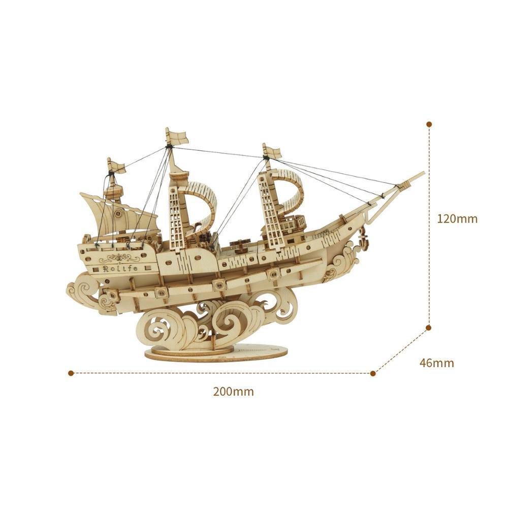 Rolife Sailling Ship size image showing 200 x 46 x 120 mm assembled dimensions