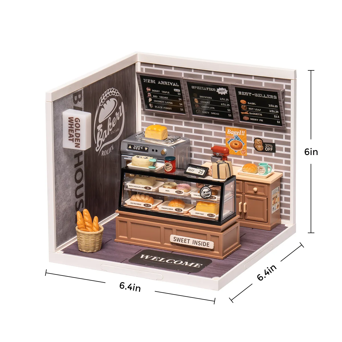 Rolife Golden Wheat Bakery Super Creator Miniature House DW005B size graphic with 6.4 x 6.4 x 6 in dimensions shown