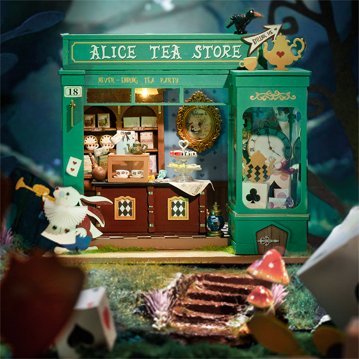 Alice's Tea Store DG156 tabletop display scene with teal storefront and rabbit figure