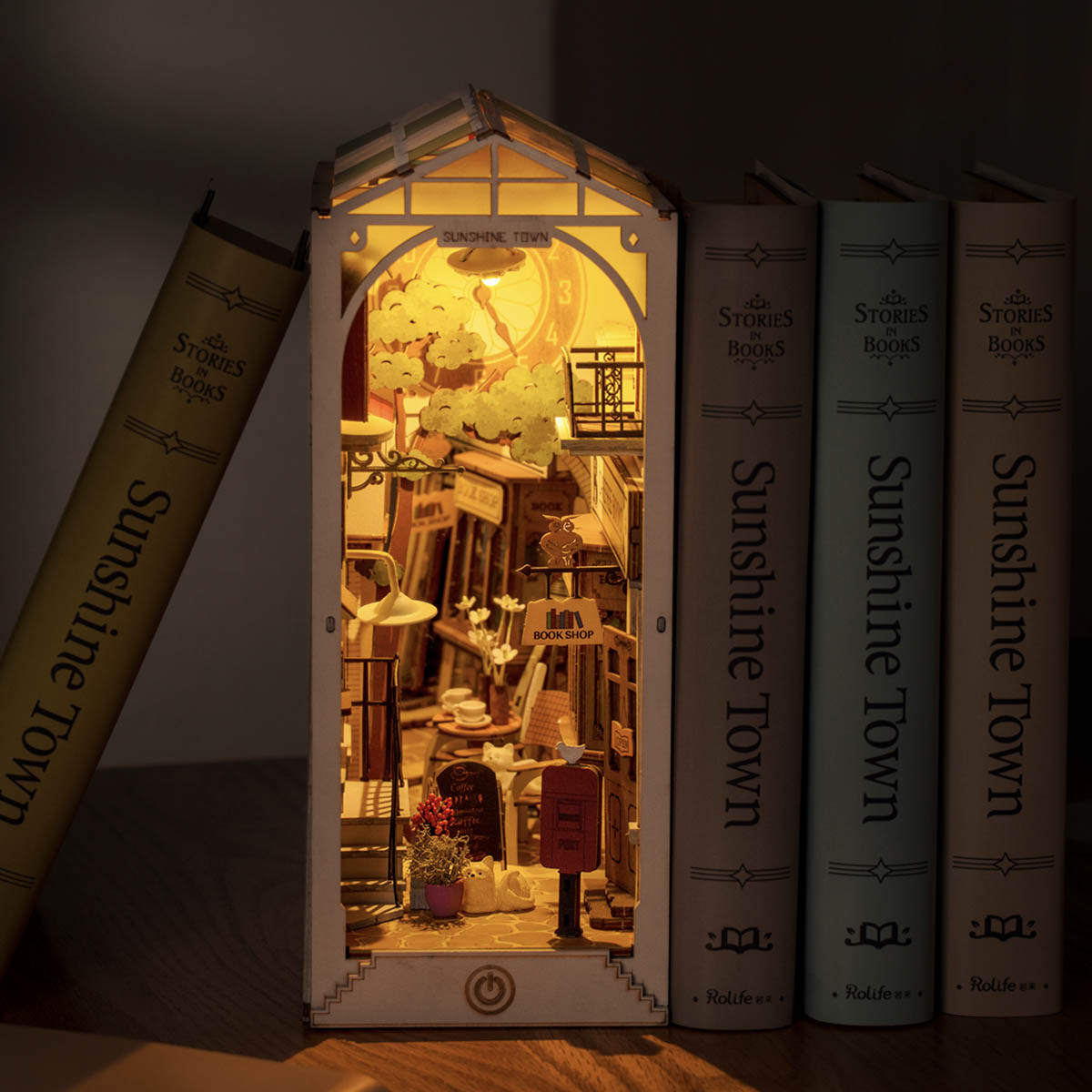 Rolife DIY Book Nook Kit Sunshine Town TGB02 illuminated bookshelf display scene