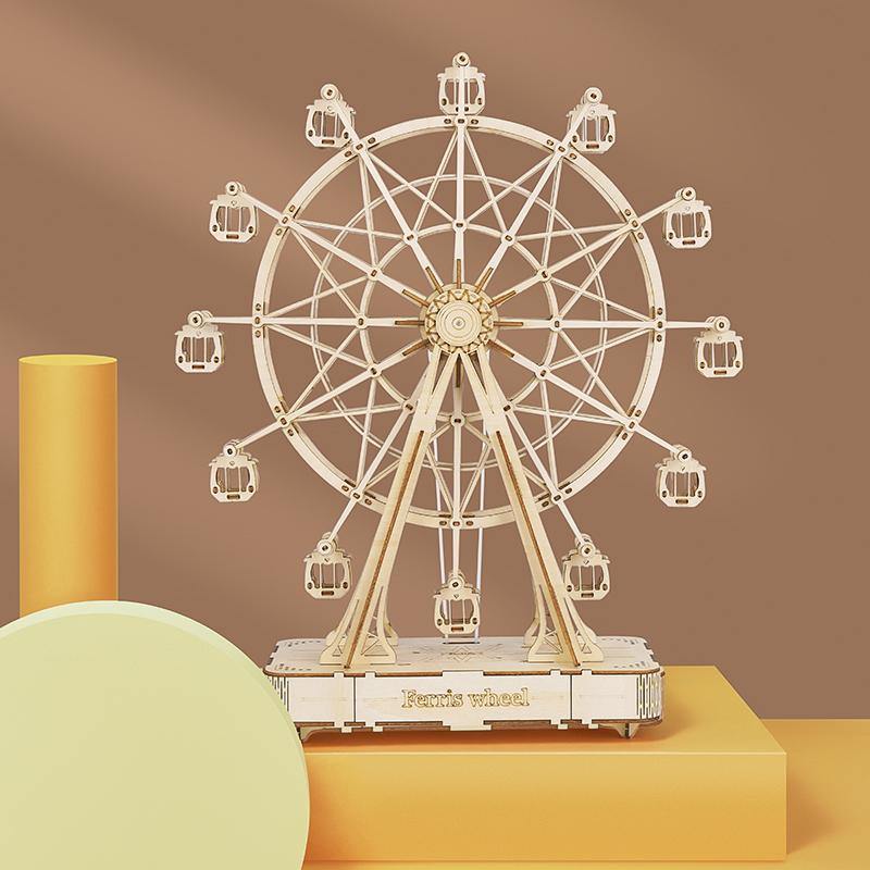 Rolife Modern Music Box - Gaint 3D Wooden Puzzle - Ferris Wheel TGN01 tabletop display scene on a yellow pedestal