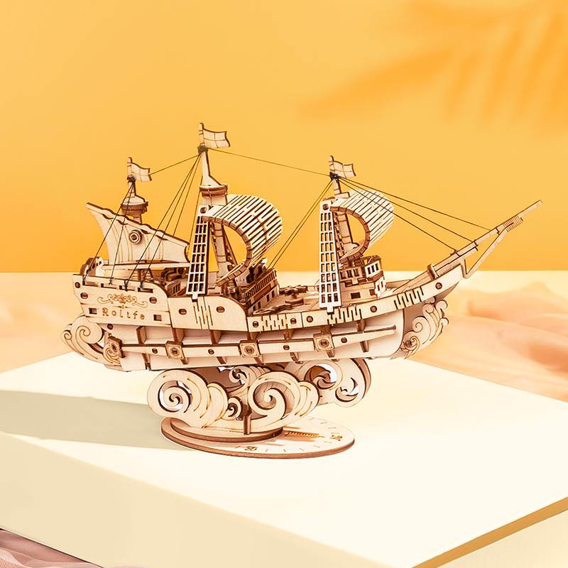 Rolife Sailling Ship TG305 wooden puzzle in a warm seaside display scene
