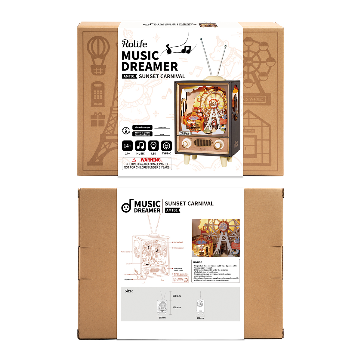 Rolife DIY Music Box Puzzle - Sunset Carnival AMT01 kit parts layout graphic